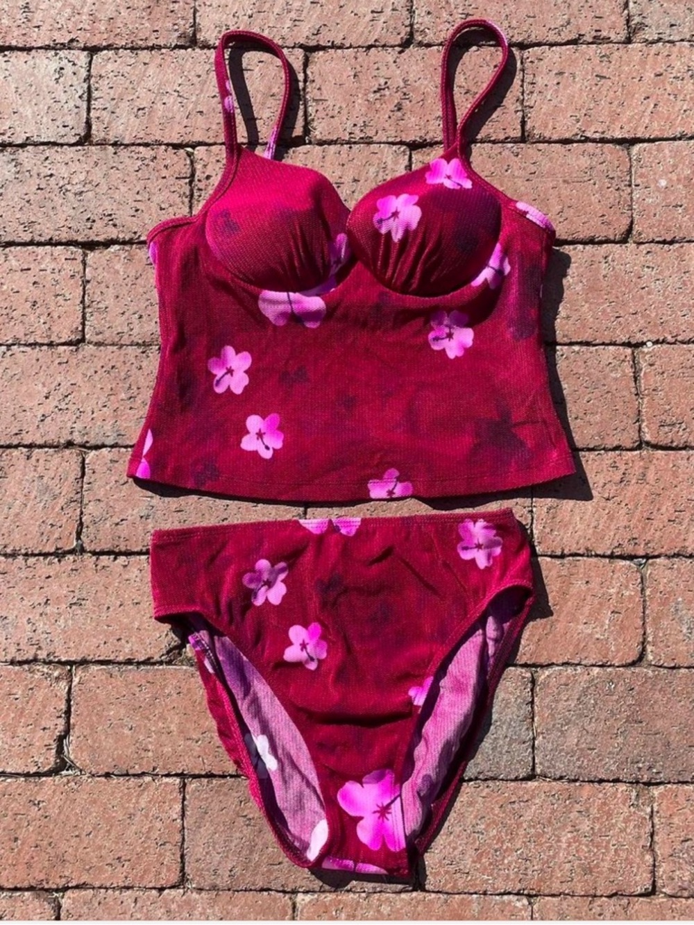 Vintage Athena Red and Pink Floral Tankini Bikini Set